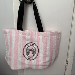 Victoria's Secret Pink & White Striped Tote with Black Logo Detail
